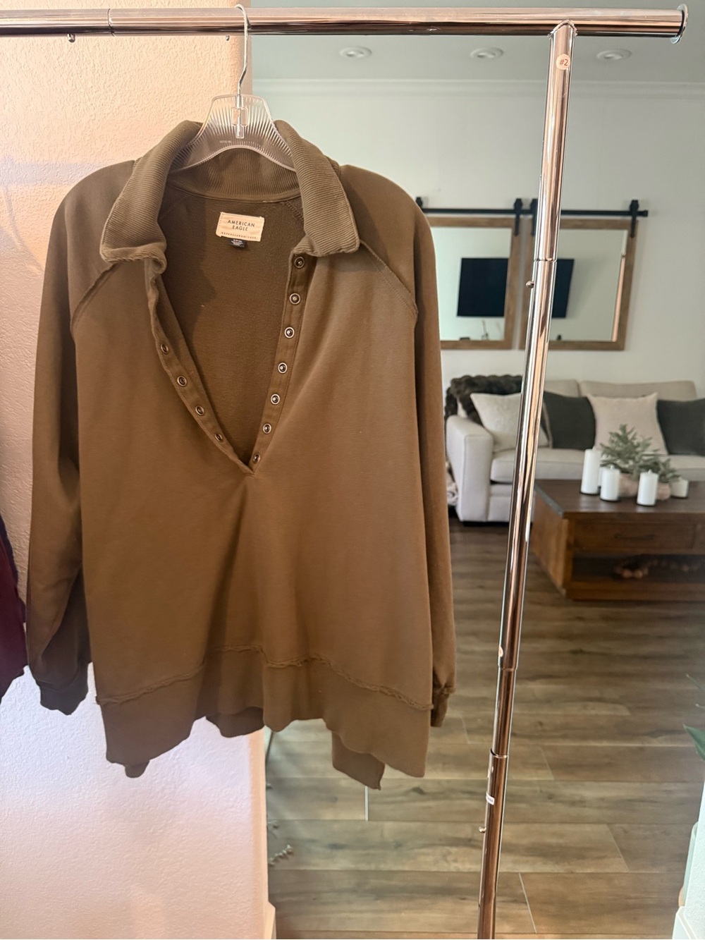 American Eagle Outfitters Olive Green Snap-Placket Pullover
